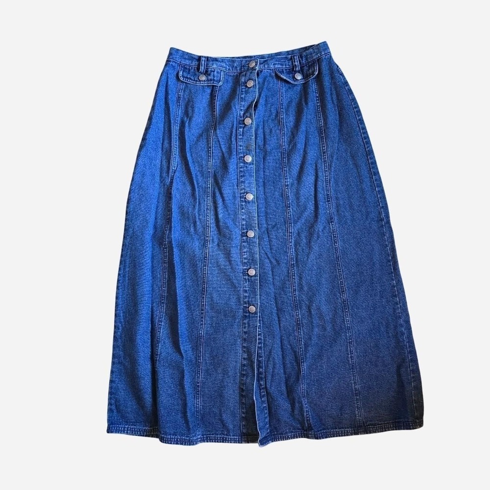 Vintage Carole Little 1990's indie denim jean maxi skirt. Medium wash. Size 8.